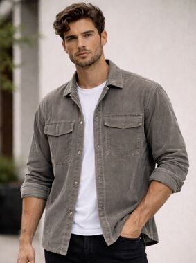 Abercrombie & Fitch Corduroy Shirt Men L Grey Long Slv Y2K Preppy Retro Shacket